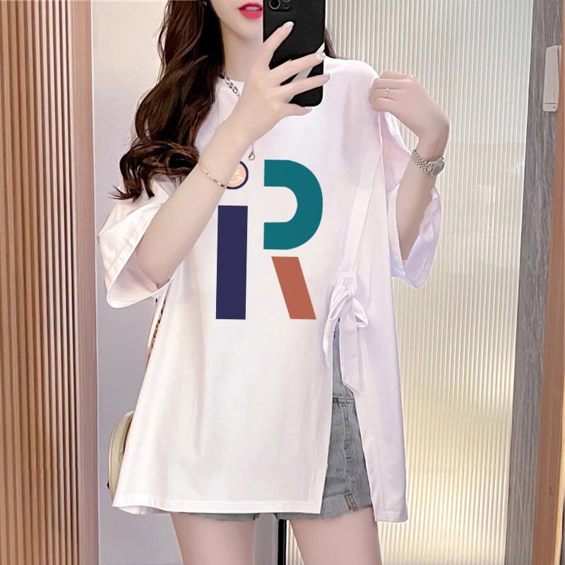 100%純棉綁帶純棉短袖T恤女不規則開叉設計感印花寬鬆上衣潮