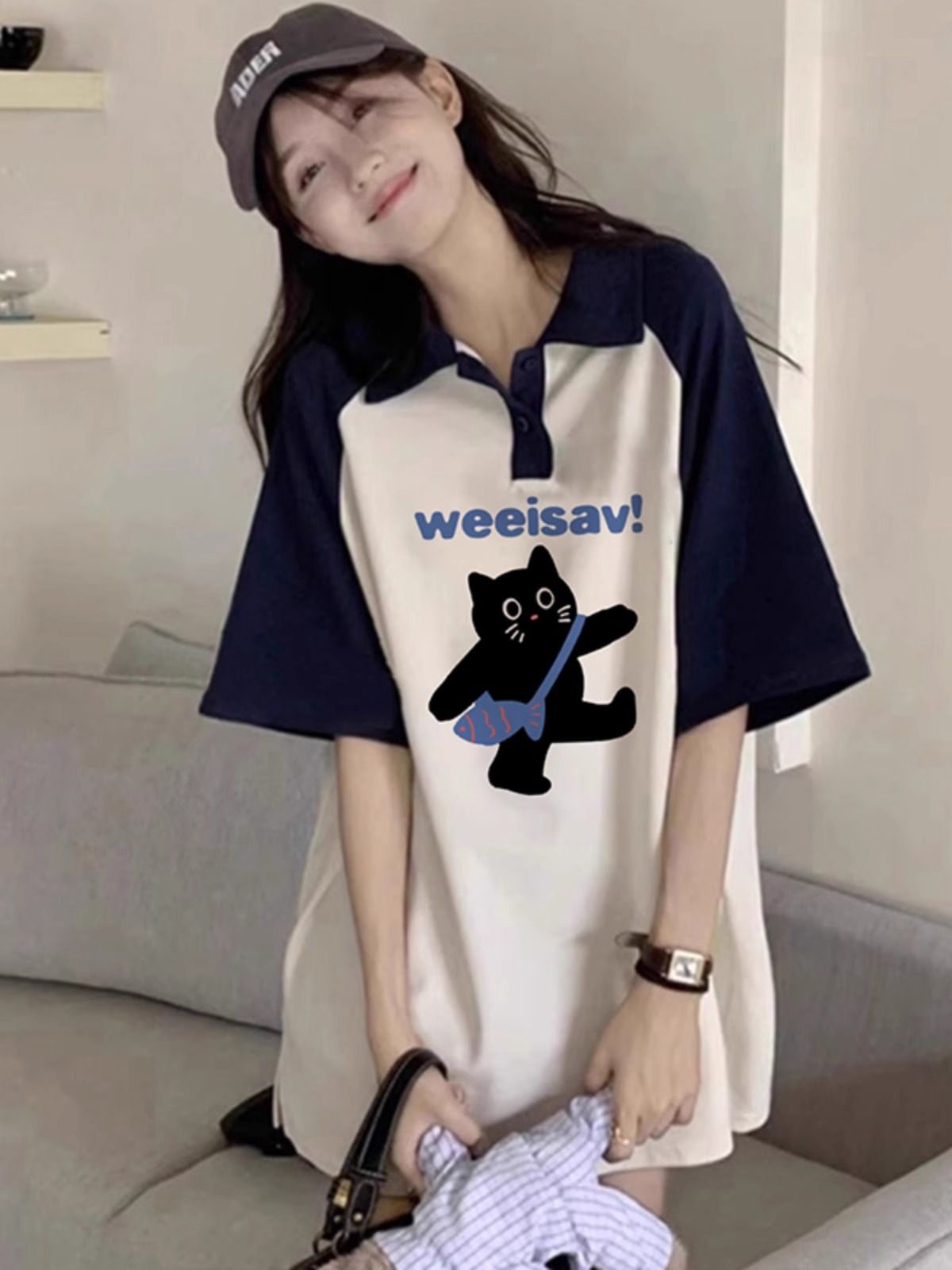 純棉 polo領寬鬆顯瘦t恤女夏季oversize短袖洋氣減齡別致情侶上衣