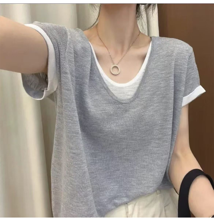 薄款假兩件竹節麻圓領短袖針織衫女新款夏季撞色寬鬆顯瘦上衣女