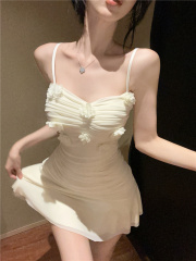 實拍~純欲性感辣妹花朵拼接網紗包臀魚尾吊帶短款收腰連衣裙