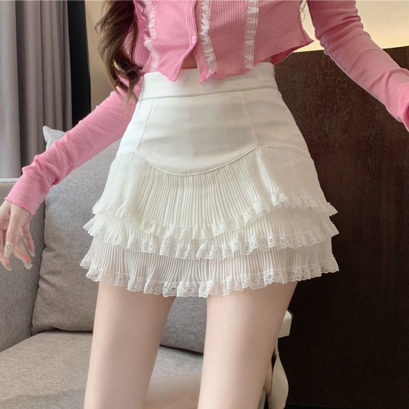 Korean chic pure lace lace ruffle a-line inner skirt small white short skirt versatile skirt