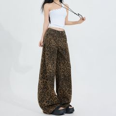 Trendy neutral leopard print wide-leg jeans for women in spring and autumn new design loose and high-slim floor jeans