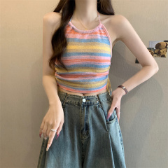 實拍 辣妹條紋掛脖針織吊帶背心夏多巴胺設計感外穿海邊上衣