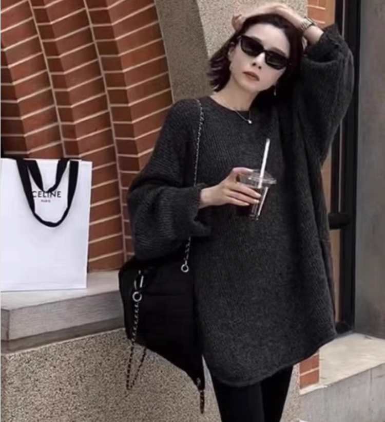 Autumn and winter large-size large-size lazy style loose mid-length pullover sweater versatile long-sleeved base knitted sweater