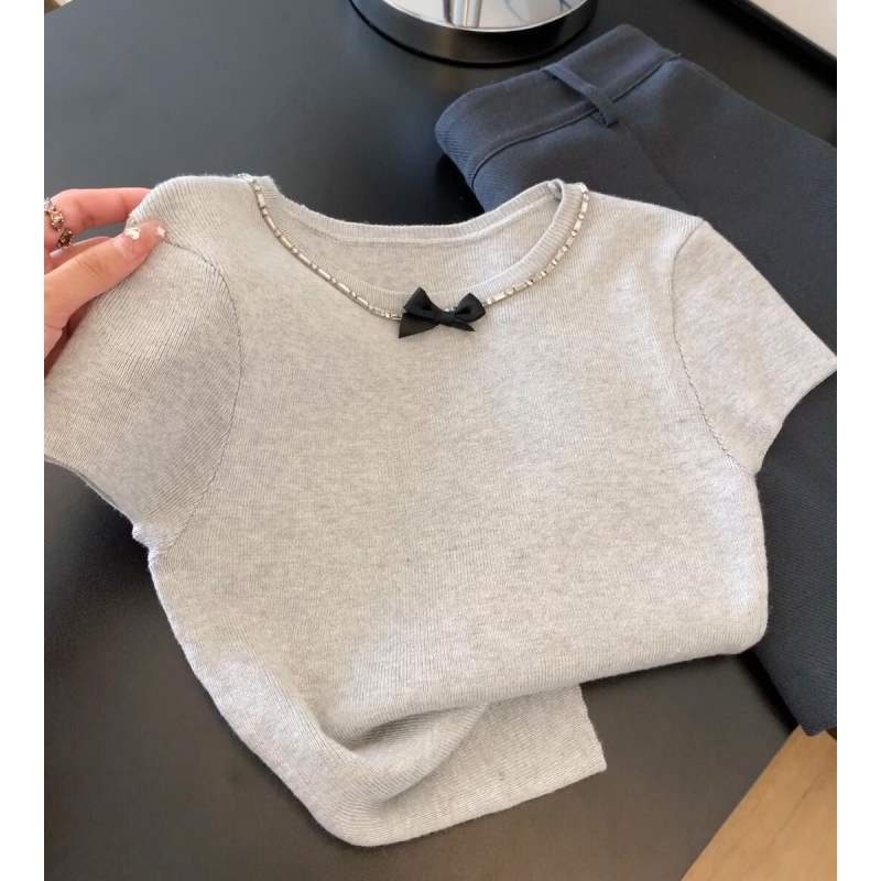2025 summer new style gray bow flying sleeves versatile knitted T-shirt for women sweet style slim short top