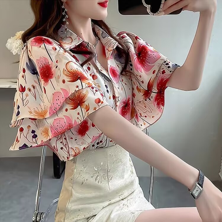 New Chinese style ruffled top for women with light luxury high-end Chinese style shirt summer loose design short-sleeved shirt