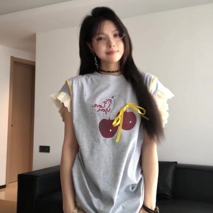 Korean chic pure cotton retro lace spliced ​​small flying sleeves straight shoulder short sleeve T-shirt for women summer design cherry top