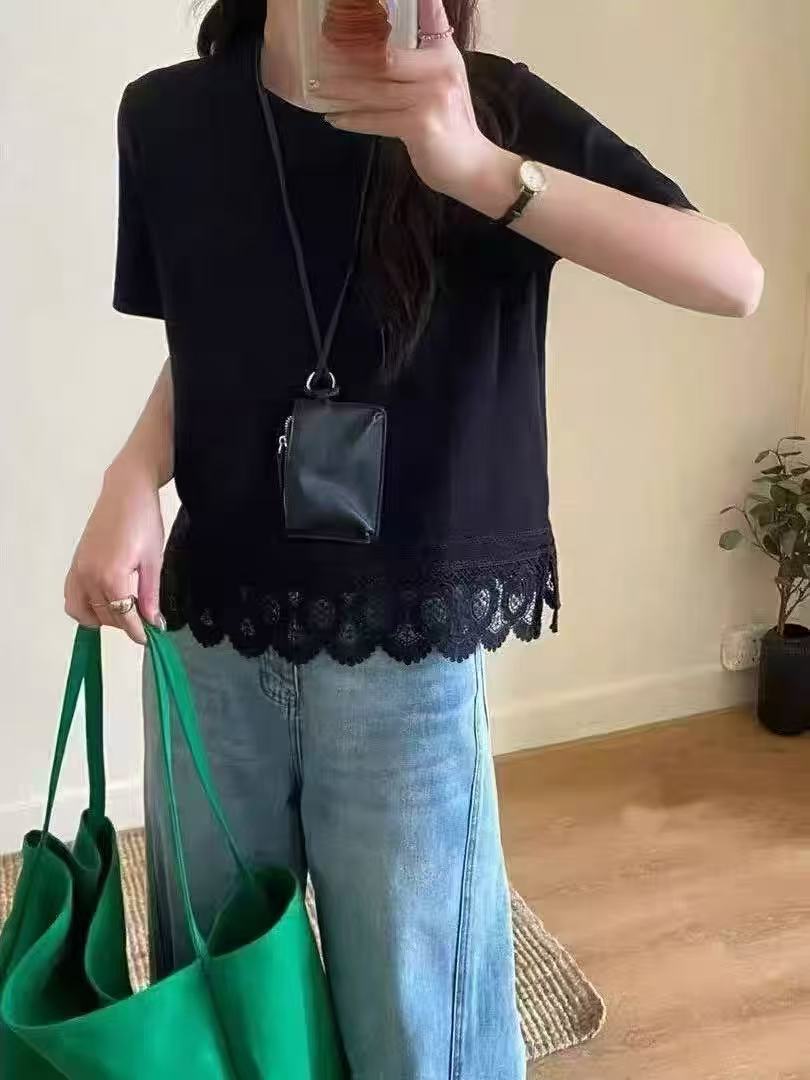 Hem spliced ​​lace-edged short-sleeved T-shirt for women 2025 spring and summer new fashionable loose round neck versatile half-sleeved top