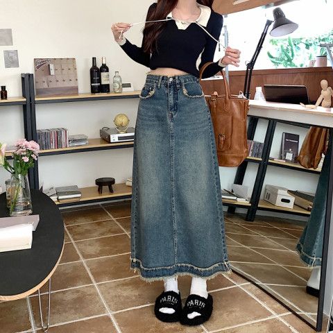 XS-XL new fashionable breasted retro denim skirt for women in spring and summer high waist slim A-line midi skirt