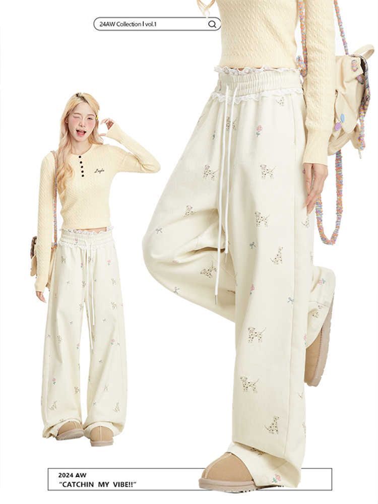 Korean version of lace walk puppy print cute pants for women early spring new drawstring casual straight pants