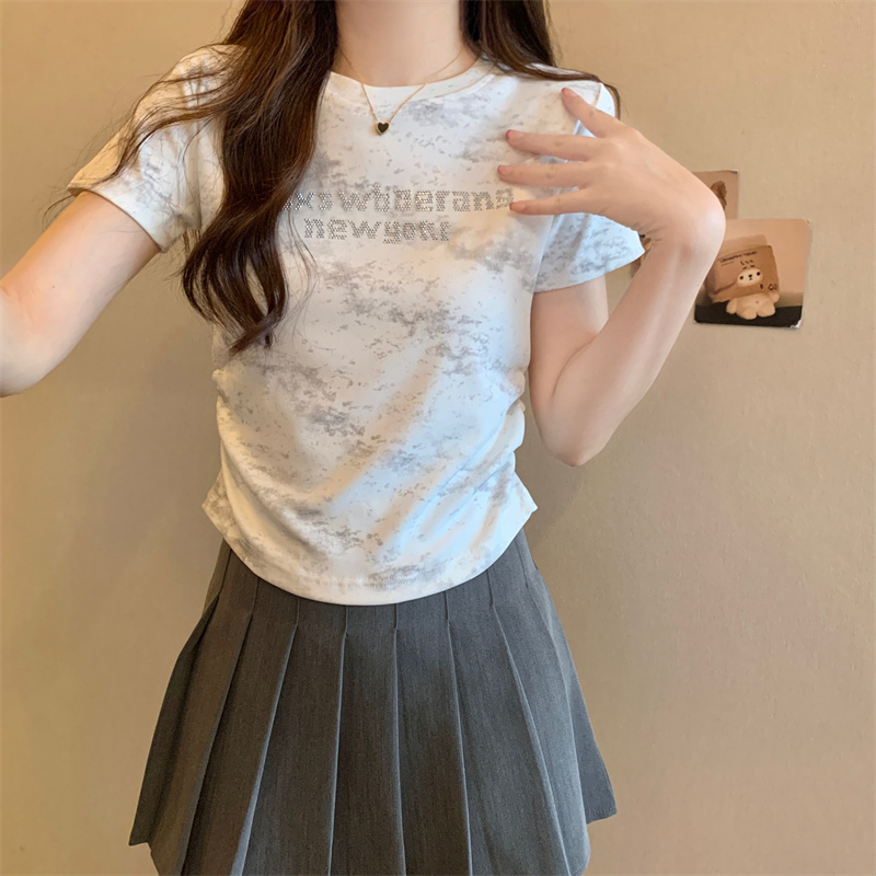 實拍仿棉40支1*1夏季新款不規則重工燙鑽設計圓領短袖T恤女