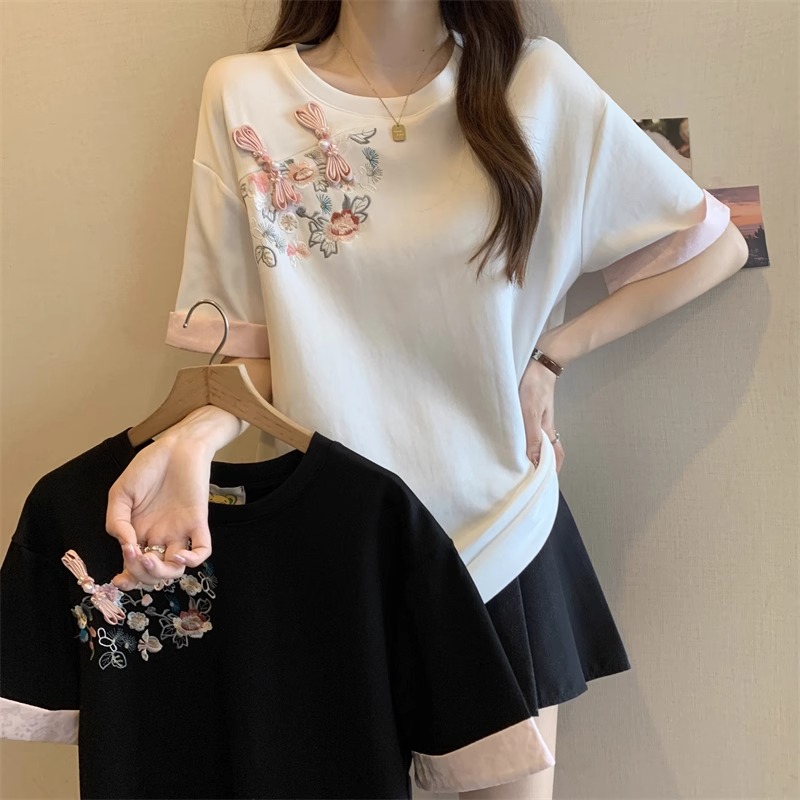Embroidery 21 pieces of super cool cotton 210 grams 240 jin extra large size Chinese buckle heavy industry contrast T-shirt
