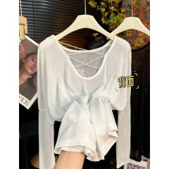 2025 summer backless hollow slightly transparent sunscreen clothes blouse design loose and thin long-sleeved T-shirt top