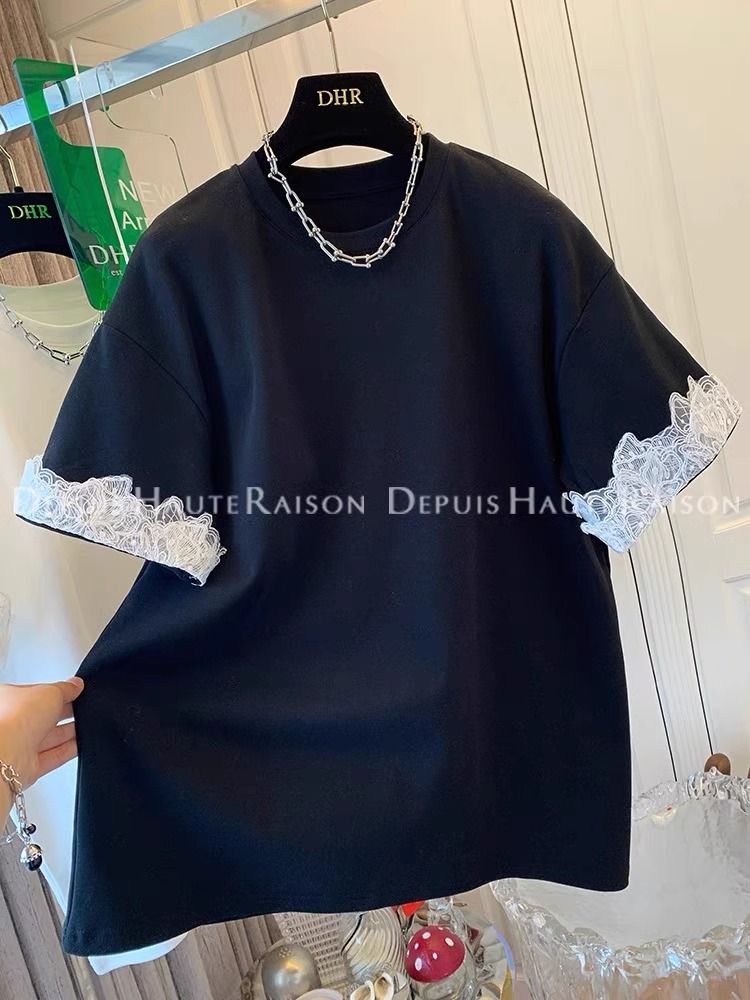Lace + 21 super cool cotton 220 grams extra large size 240 catties Korean lace short-sleeved T-shirt for women