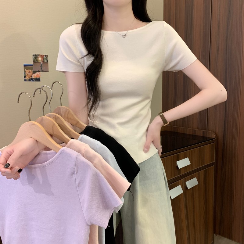 Real shot of new summer design, lotus leaf streamers irregular folds, waist-hugging, slimming, versatile knitted shirt