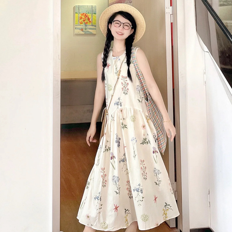 Korean summer fashion style mid-length skirt printed loose slim vest skirt women's dress