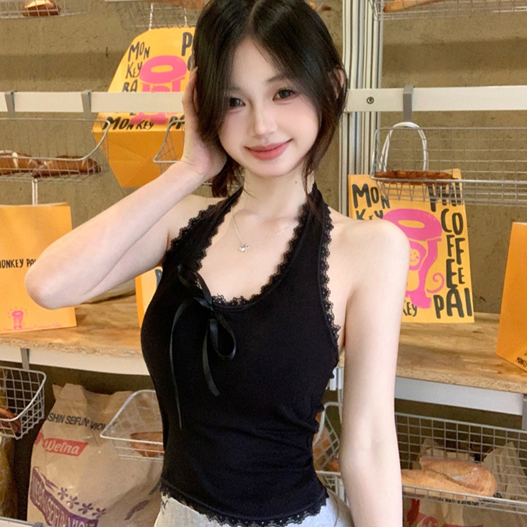 白色掛脖吊帶小背心女夏季帶胸墊蝴蝶結蕾絲花邊內搭辣妹外穿上衣