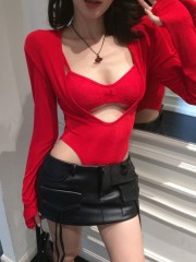 Real shot!  !  Hot girl thin long-sleeved T-shirt summer jumpsuit slim inner top design top