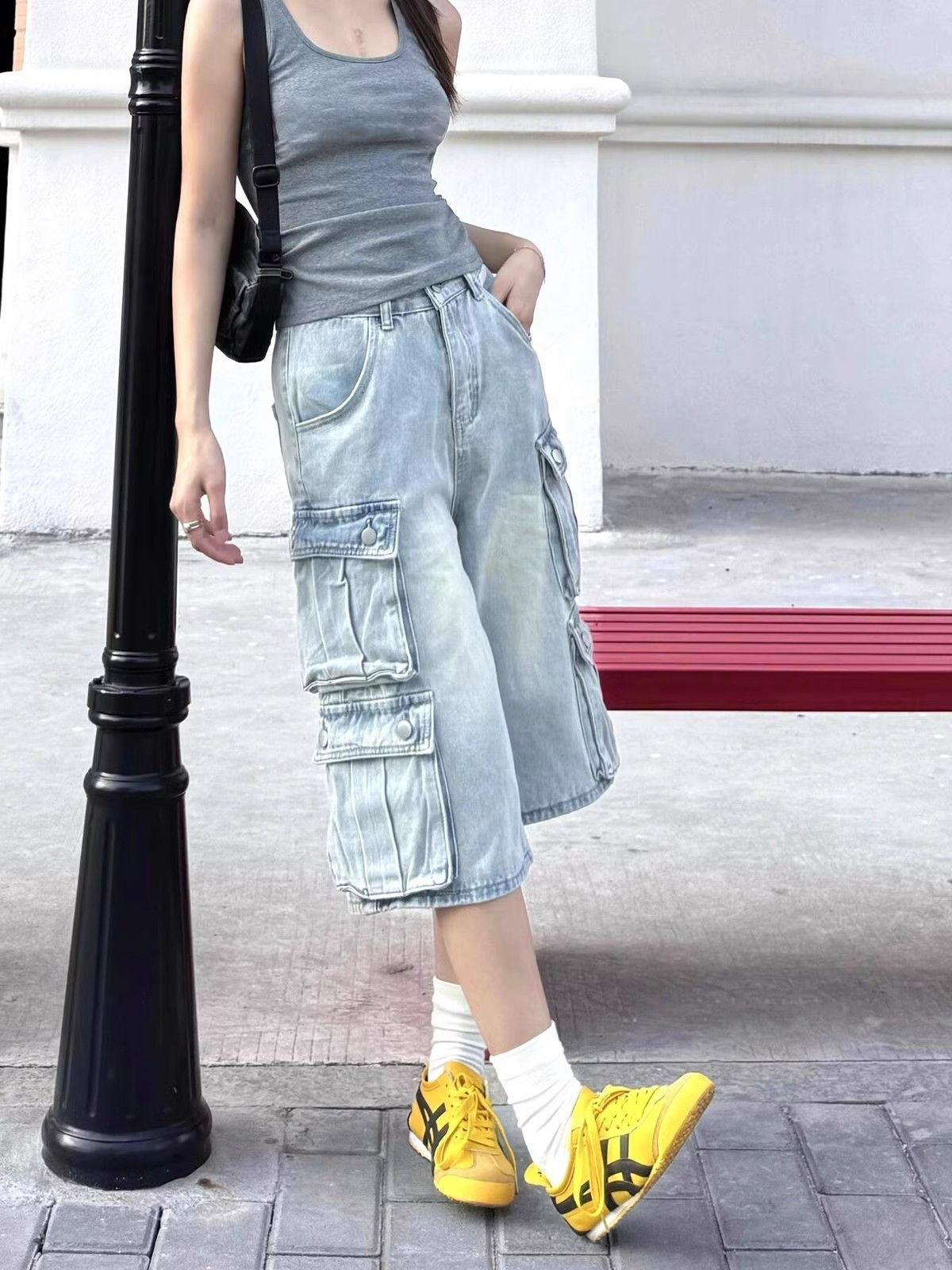 Summer American retro washing and antique loose denim work shorts for women street multi-pocket slimming cropped pants trendy