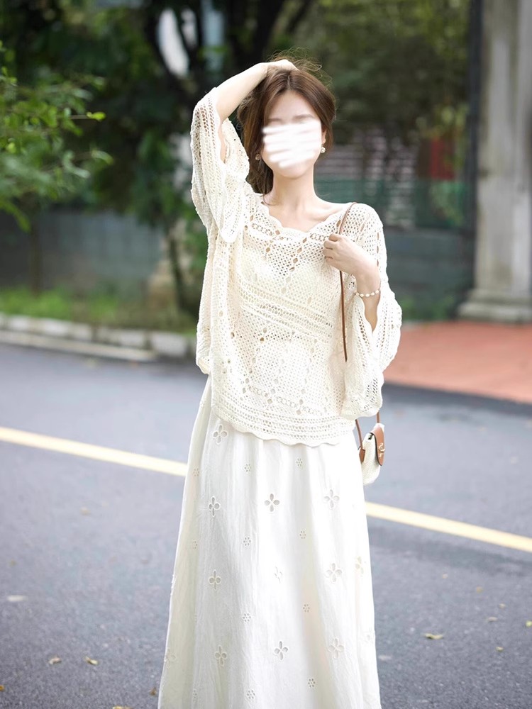 Early Spring 2025 new women's hollow flared sleeve sweater early spring Korean tops