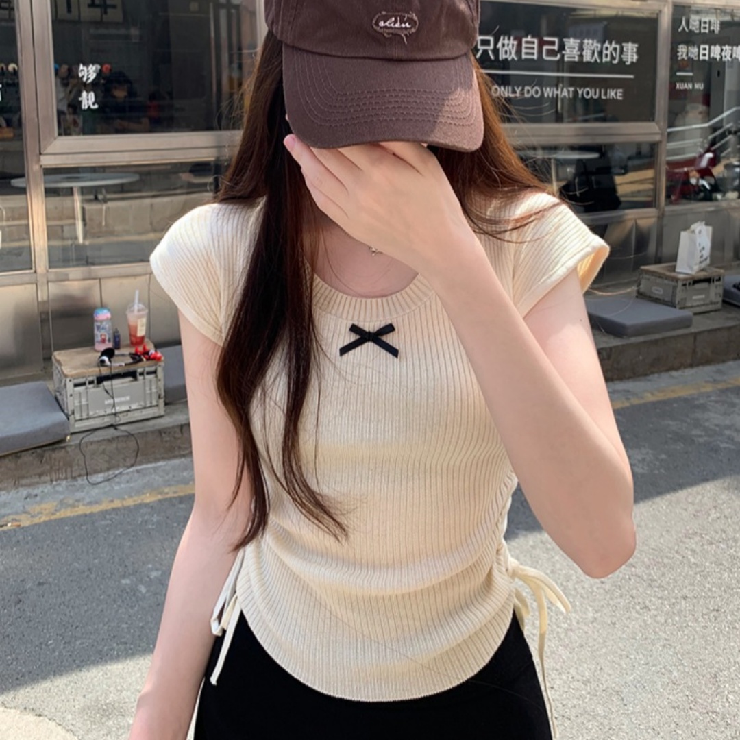 夏季蝴蝶結圓領短袖針織衫韓系溫柔抽繩褶皺不規則修身短款上衣