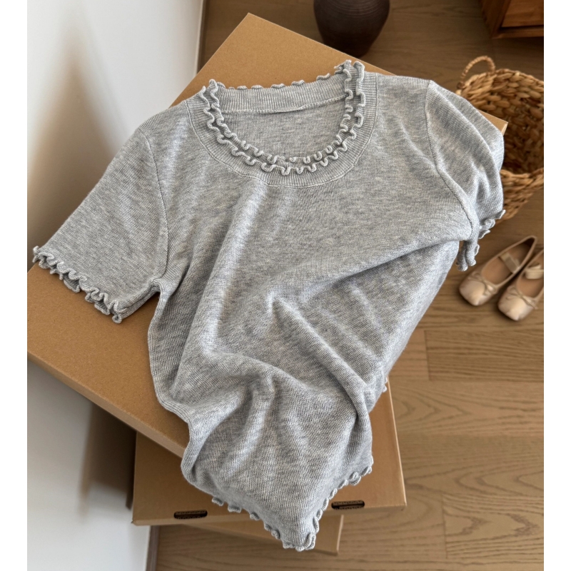 French sweet ears gray round neck short-sleeved sweater for women in summer slim design short wool top