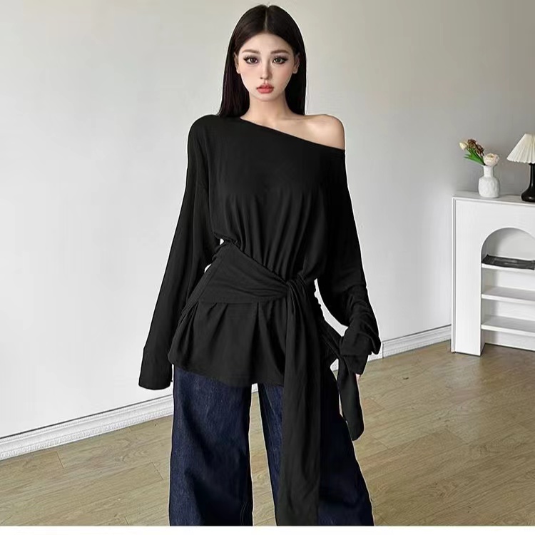 Lightweight bamboo joints and strips off shoulder straps design blouse top slightly transparent solid color long-sleeved T-shirt for women