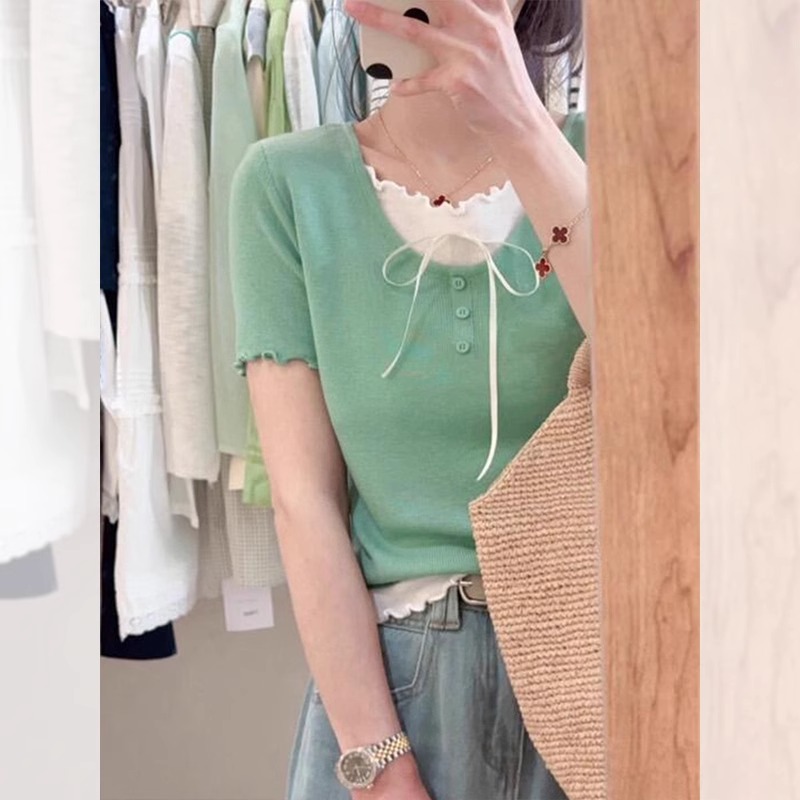 Korean sweet fungus lace fake two-piece short-sleeved T-shirt for women new small slim sweater top
