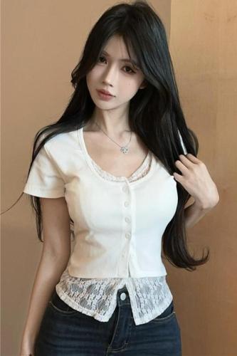 实拍~新款甜美短款小个子正肩蕾丝花边假两件短袖t恤上衣女
