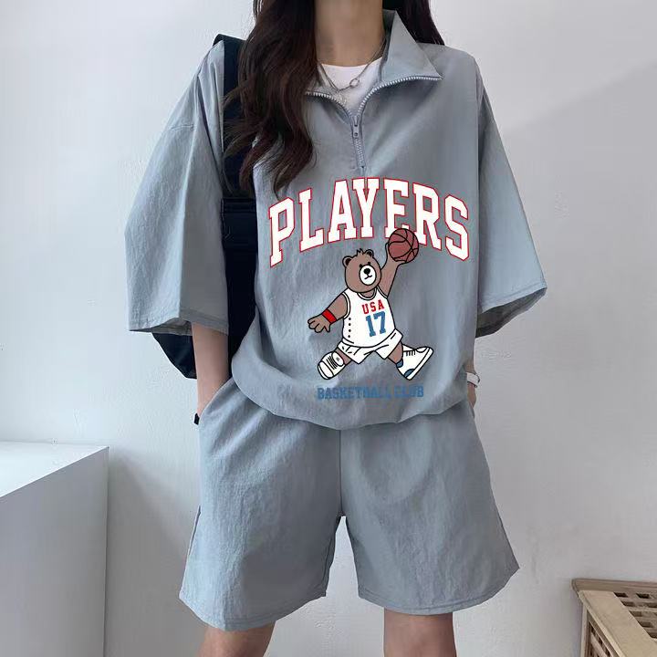 Korean sportswear suit women's letter printing summer new short-sleeved shorts cute girl running two pieces