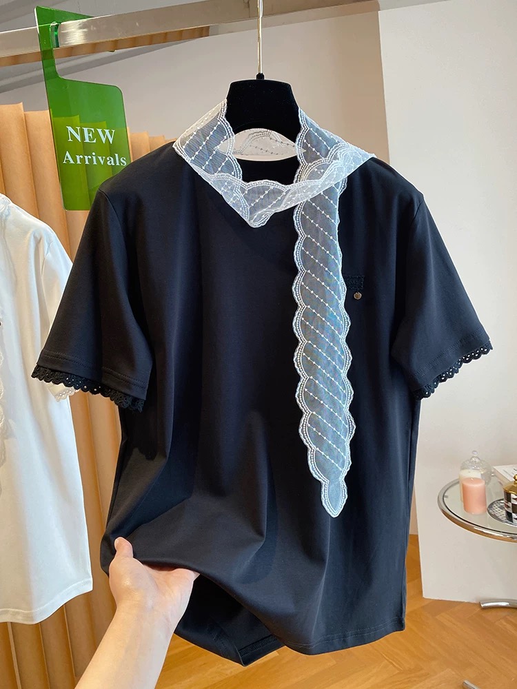 刺繡+21支超爽棉210克特大碼240斤高級感蕾絲拼接t恤