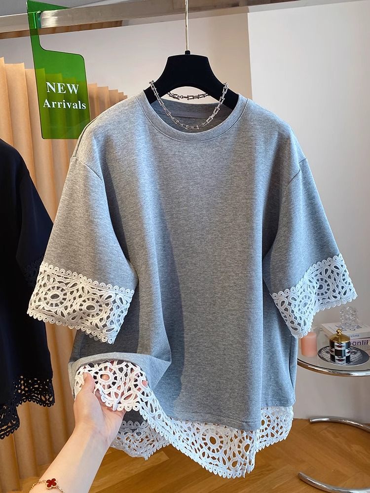 Original air-layer fabric + lace extra-large size 240 catties lace spliced ​​short-sleeved T-shirt for women