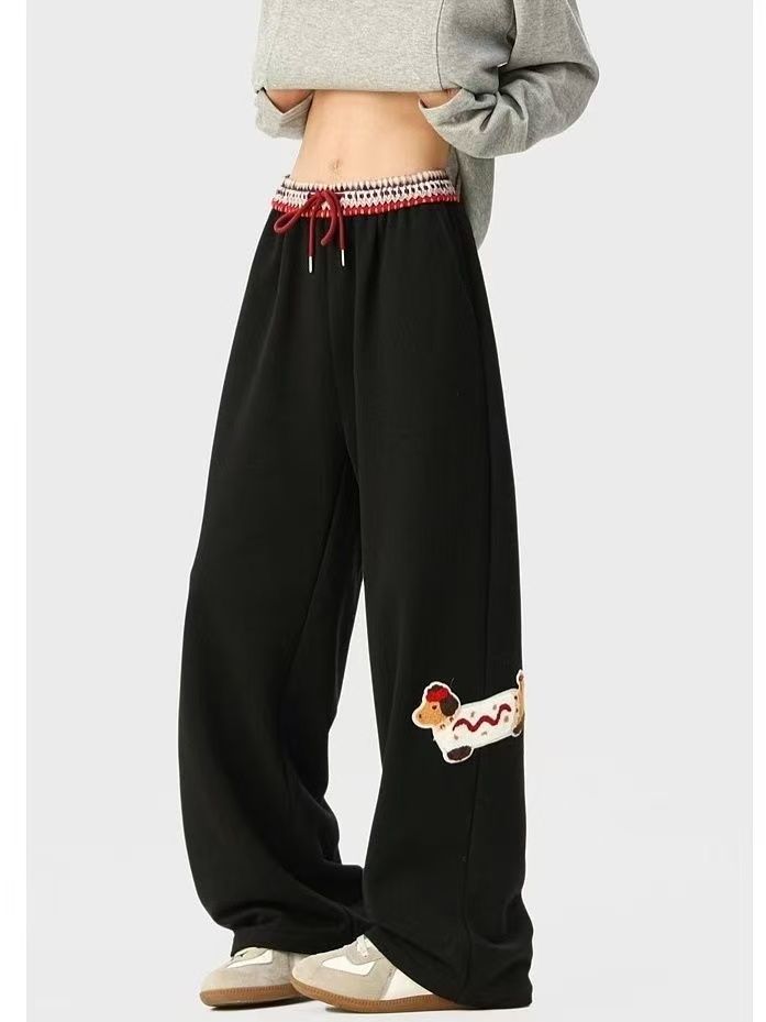 Fashion brand dachshund dog flocking embroidery for men and women spring new niche waist splicing design loose wide-leg trousers