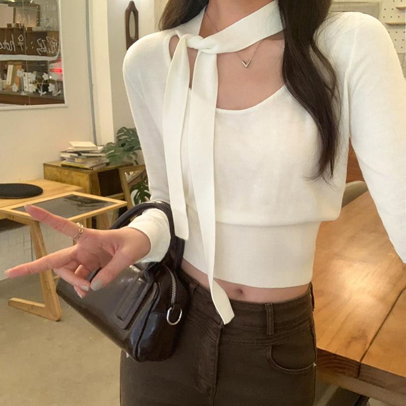 Real photo Korean scarf tied wool sweater for women in early spring super beautiful and gentle underwear