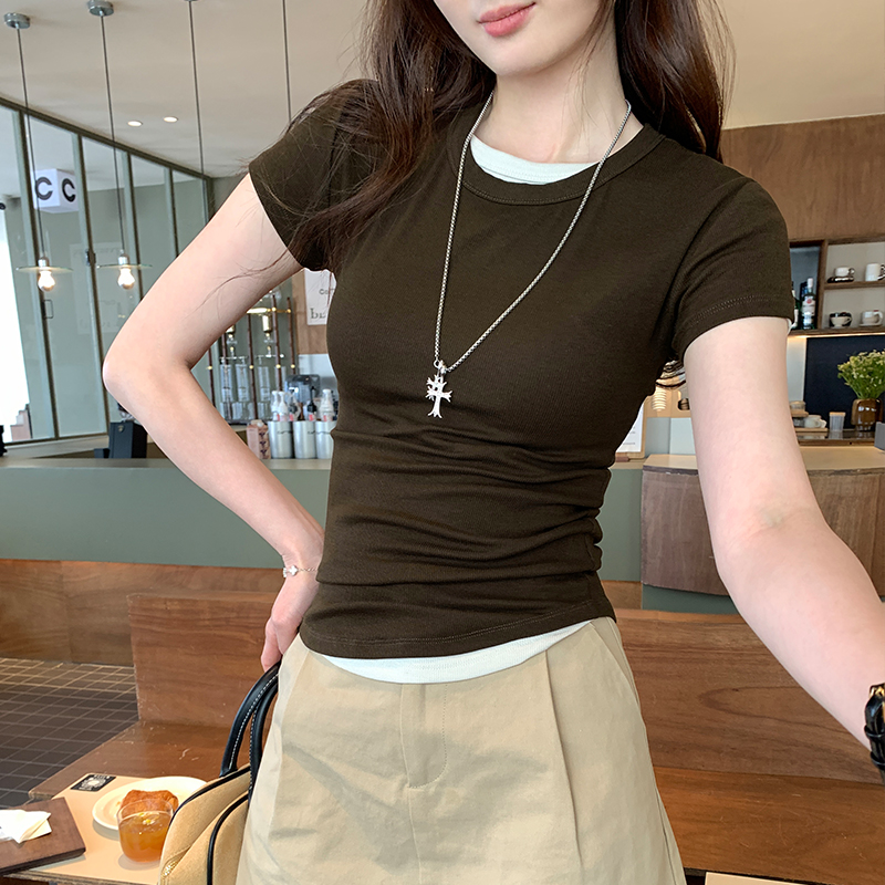 Real photos Korean niche round neck straight shoulder short-sleeved T-shirt for women 2025 summer new beautiful waist top
