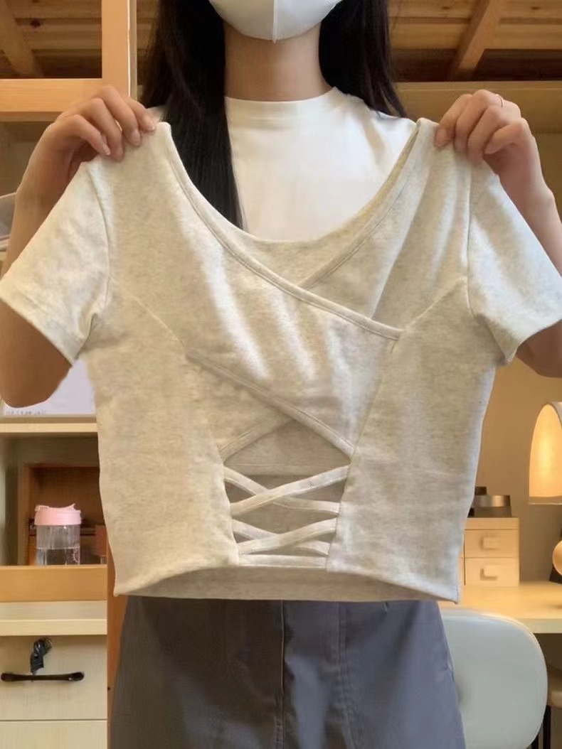 Official picture pure cotton ribbed short-sleeved T-shirt for women in summer short slim and revealing strap chest pad design versatile top trendy