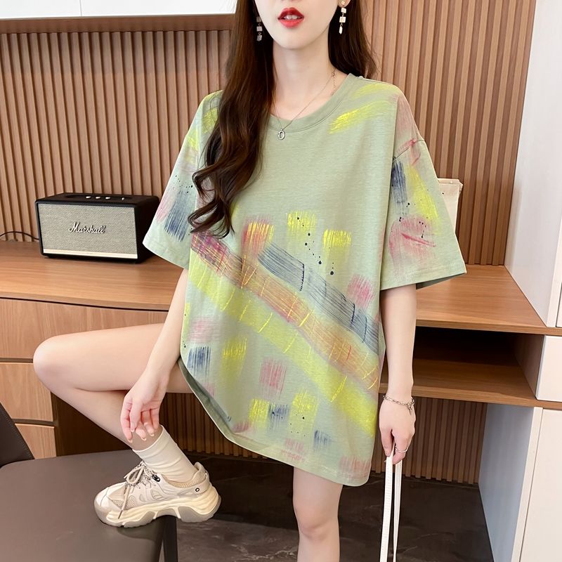 實拍100%純棉後包領扎染設計感寬鬆T恤女慵懶風塗鴉中長款上衣