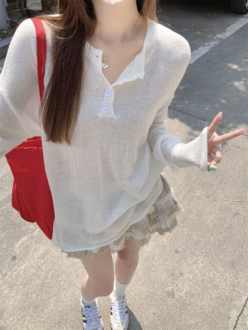 Real shot Real Henry collar micro-transparent sweater for women rolled-edged long-sleeved sunscreen jacket loose air conditioning blouse