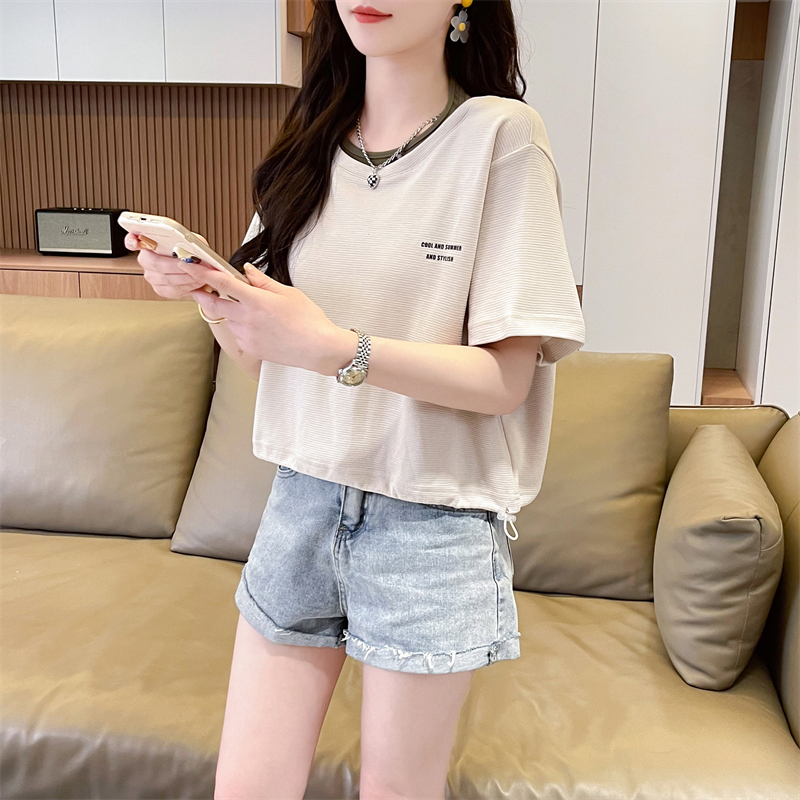 首發實拍40支仿棉1X1螺紋T恤 百搭短款寬鬆上衣女時尚印花T恤