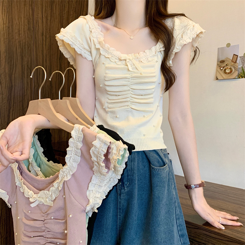Real shot of the new French design lace niche short-sleeved knitted sweater
