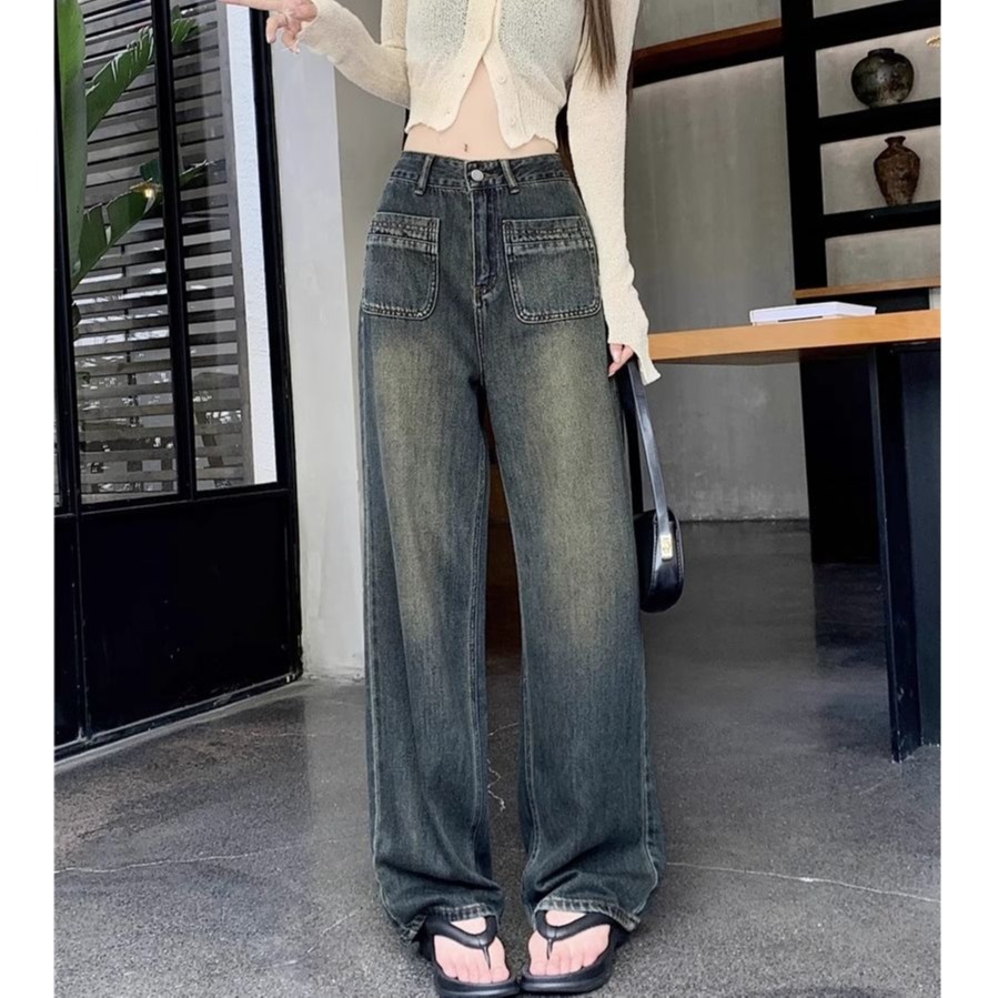 Retro high waist straight jeans for women in autumn new cement grey loose versatile slimming wide-leg pants ins trendy