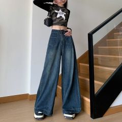 Pear-shaped body wide-leg jeans for women in spring and autumn new high-waist loose slimming and straight-leg retro floor-moving trousers