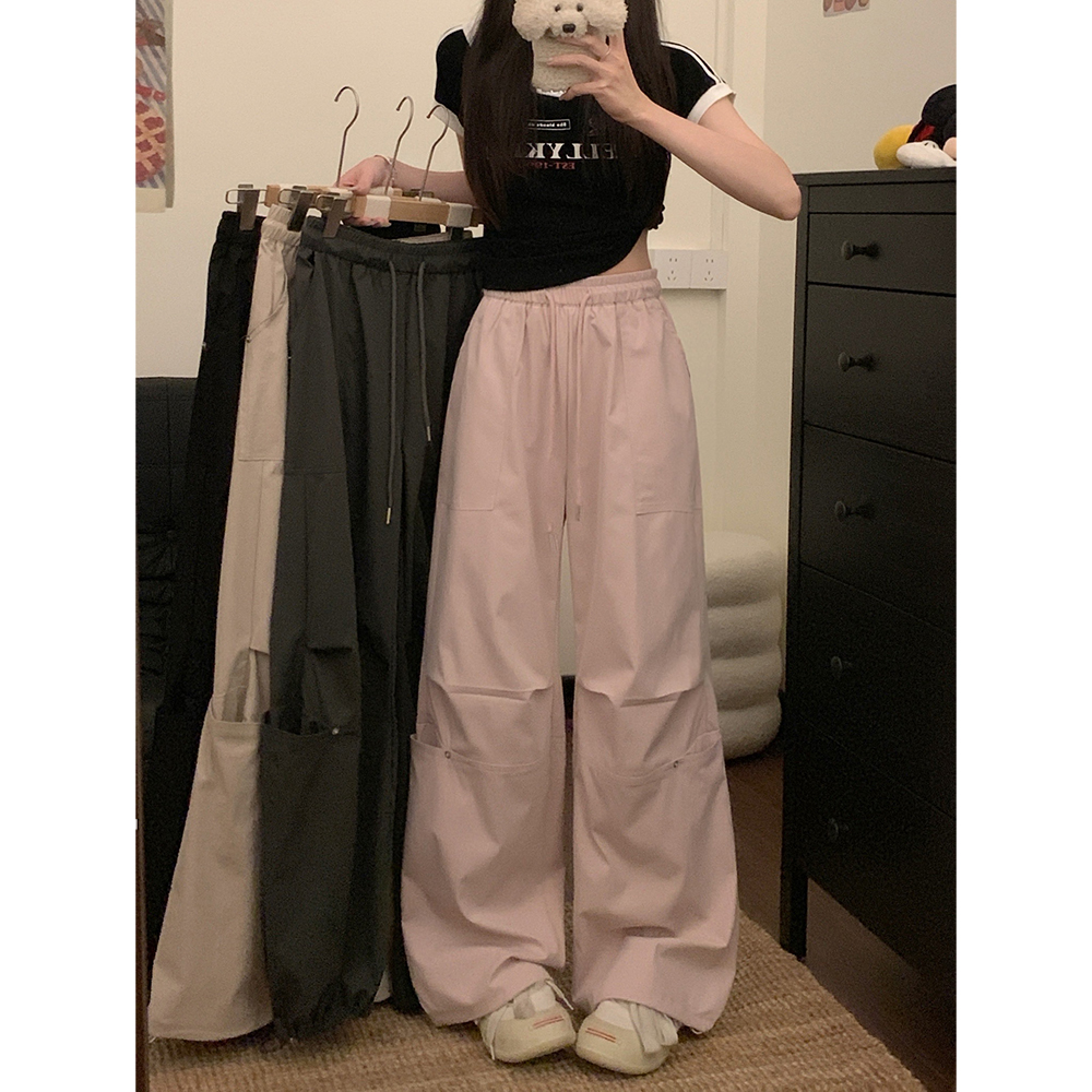 Real shot!  2025 new elastic waist personalized work pants drawstring large pocket straight-leg casual tying pants for women