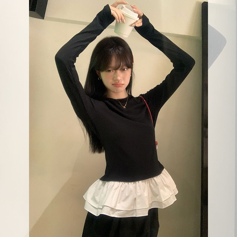 Ballet style design lace splicing fake two-piece long-sleeved T-shirt for women in spring and autumn unique slim niche top