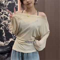 Lazy style slanted shoulder ice silk long-sleeved T-shirt for women in summer slightly transparent outer tulle sunscreen blouse waist top