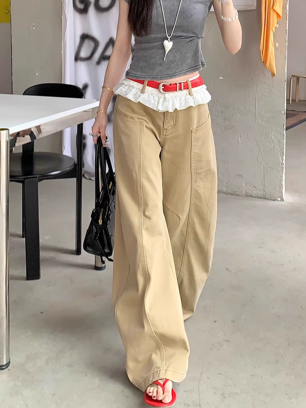 Korean chic three-dimensional waist khaki pants lace wide-leg pants women's summer straight-leg pants floor-moving pants trendy