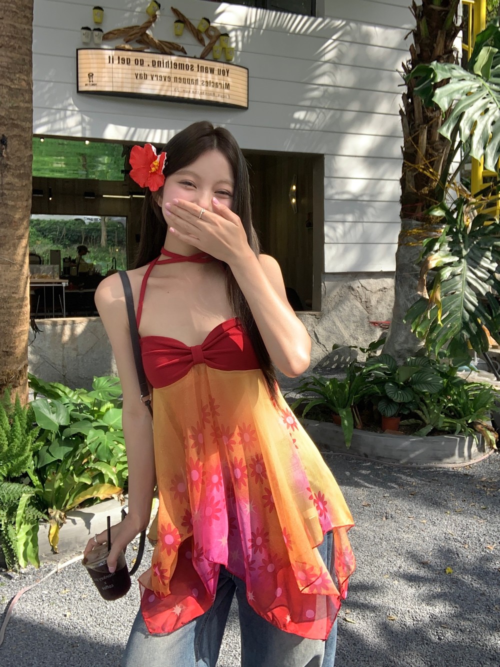 Real shot of vacation style design neck halter dress strap top beach skirt women