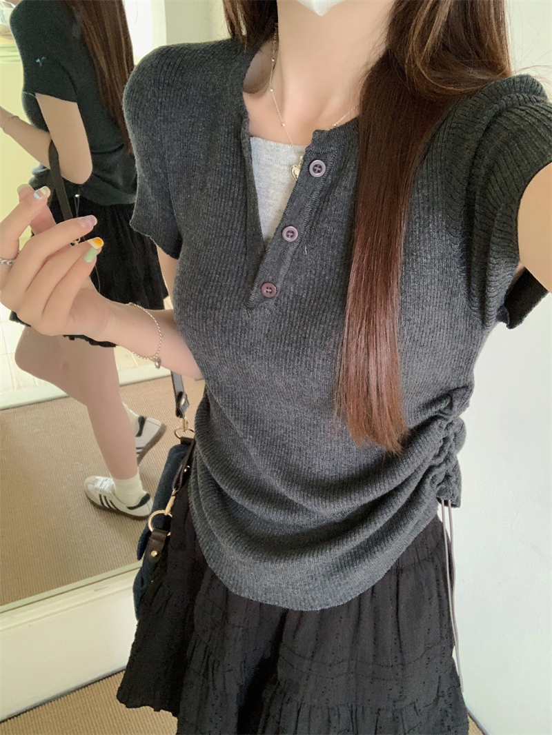 Real shot Real new summer design pleated slimming fake two-piece sweater top for women