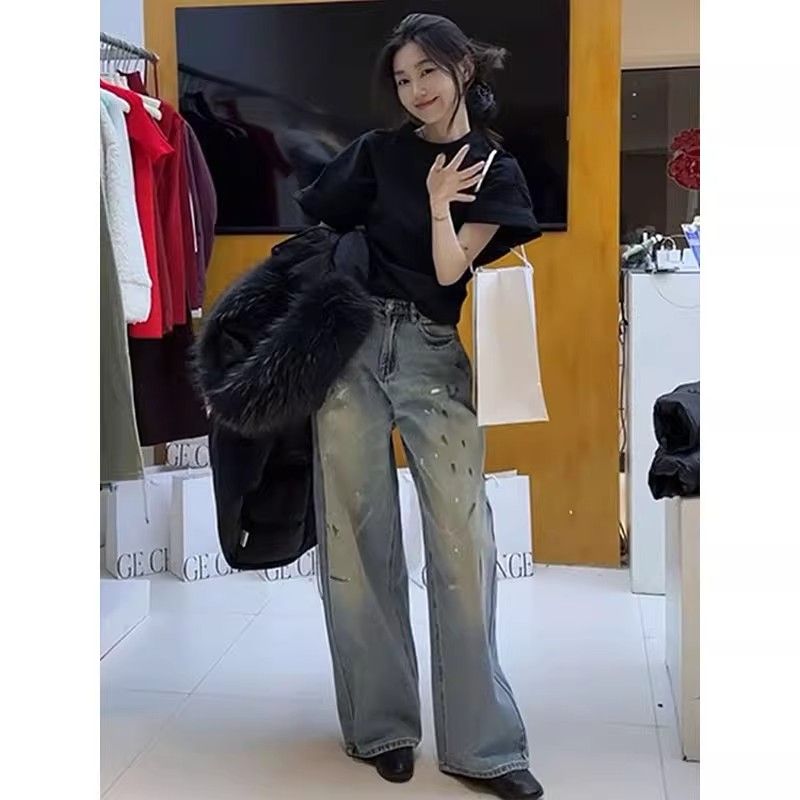 2025 summer new American retro high waist wide-leg jeans for women's personalized graffiti loose floor pants straight pants