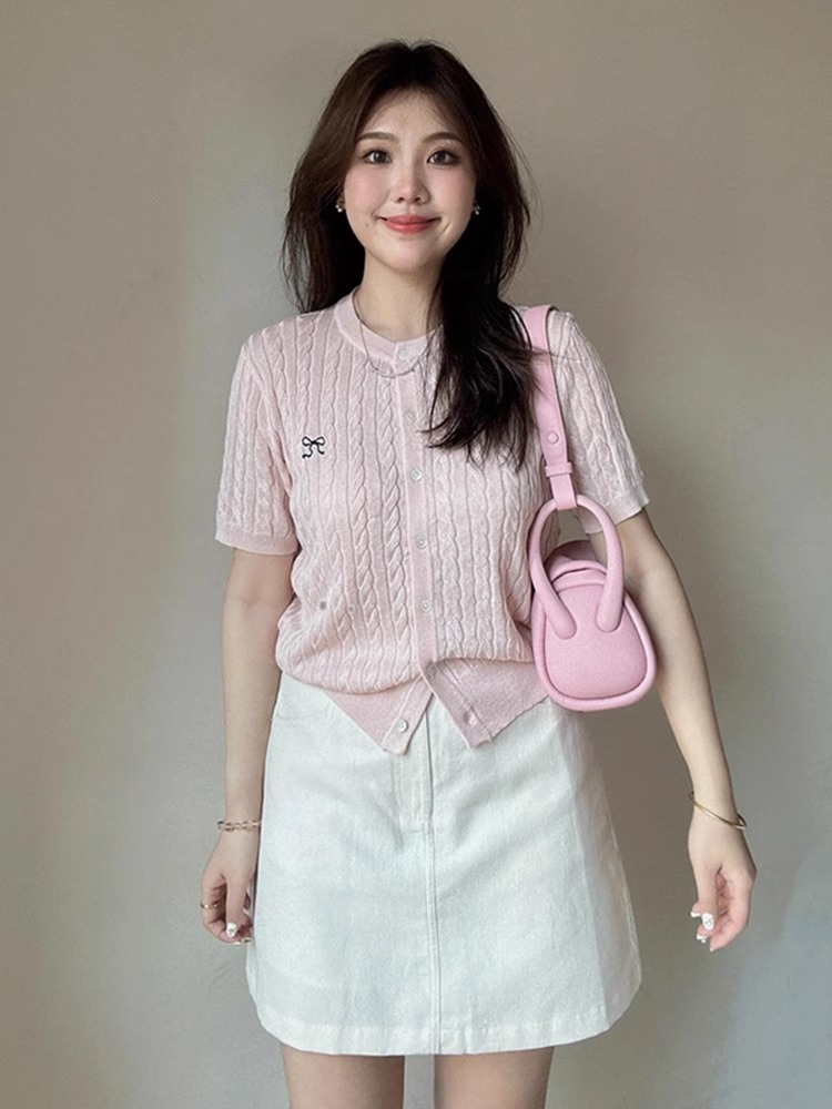 Summer short-sleeved thin knitted cardigan for women pink twist Korean sweet bow embroidered short high-end top